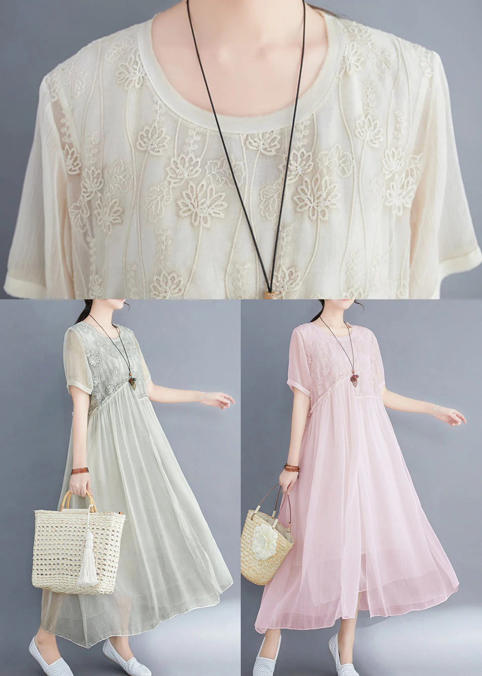Lake Green Loose Silk Dresses O-Neck Ruffled Short Sleeve - Image 5
