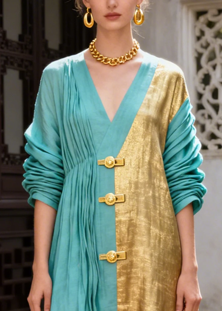 Lake Green Patchwork Cotton Holiday Dress Asymmetrical Wrinkled Summer - Image 2