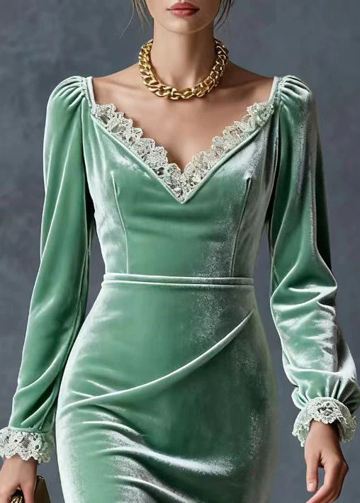 Lake Green Patchwork Lace Silk Velvet Dresses V Neck Spring - Image 2