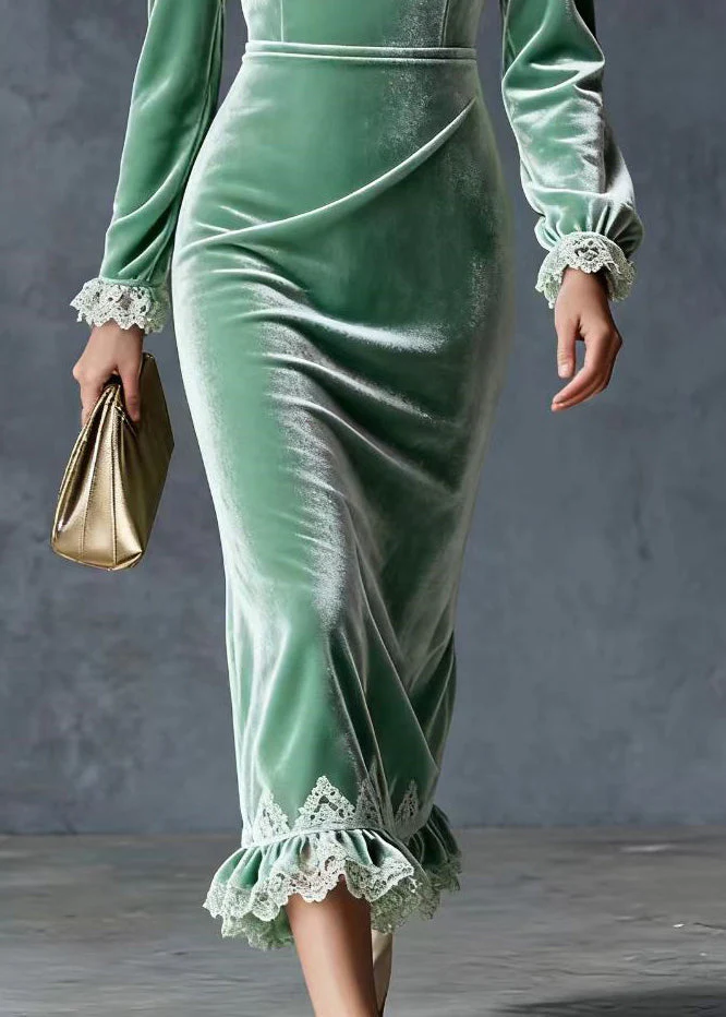 Lake Green Patchwork Lace Silk Velvet Dresses V Neck Spring - Image 4