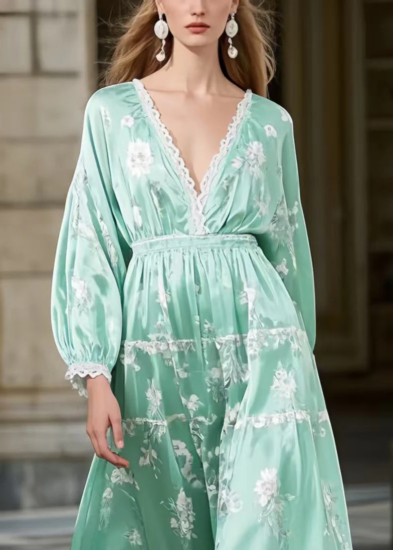 Lake Green Print Silk Long Dresses Deep-V Neck Spring - Image 2