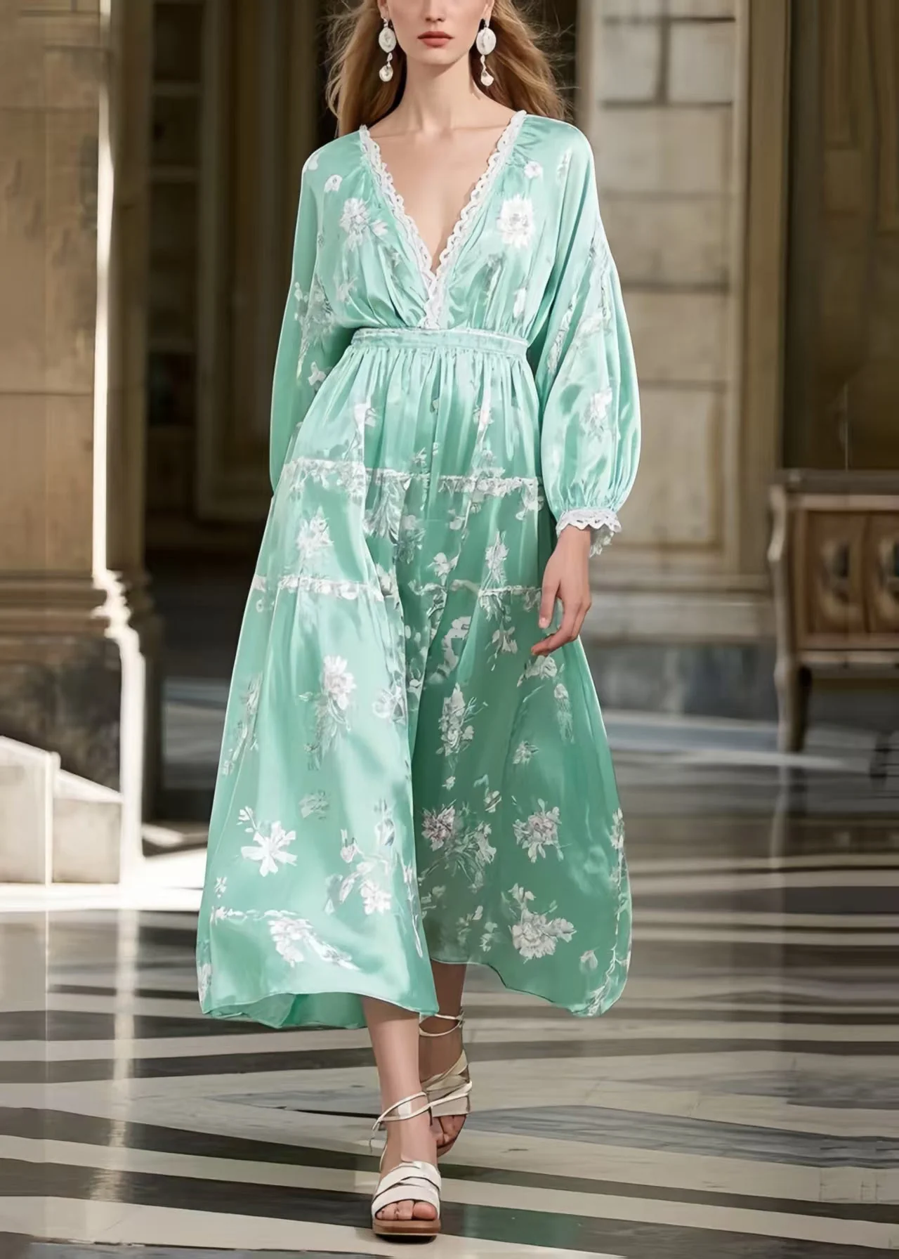 Lake Green Print Silk Long Dresses Deep-V Neck Spring - Image 3