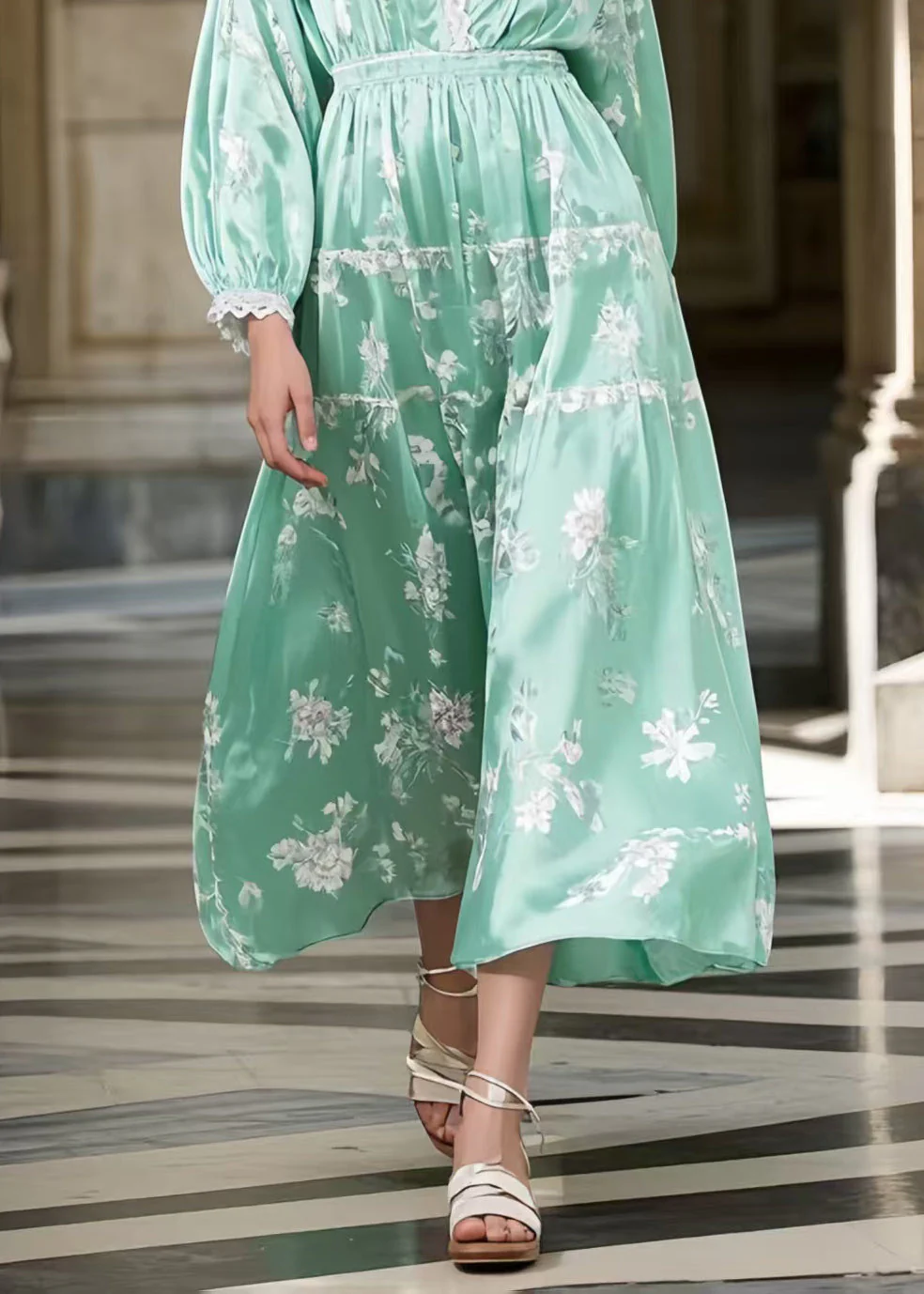 Lake Green Print Silk Long Dresses Deep-V Neck Spring - Image 4