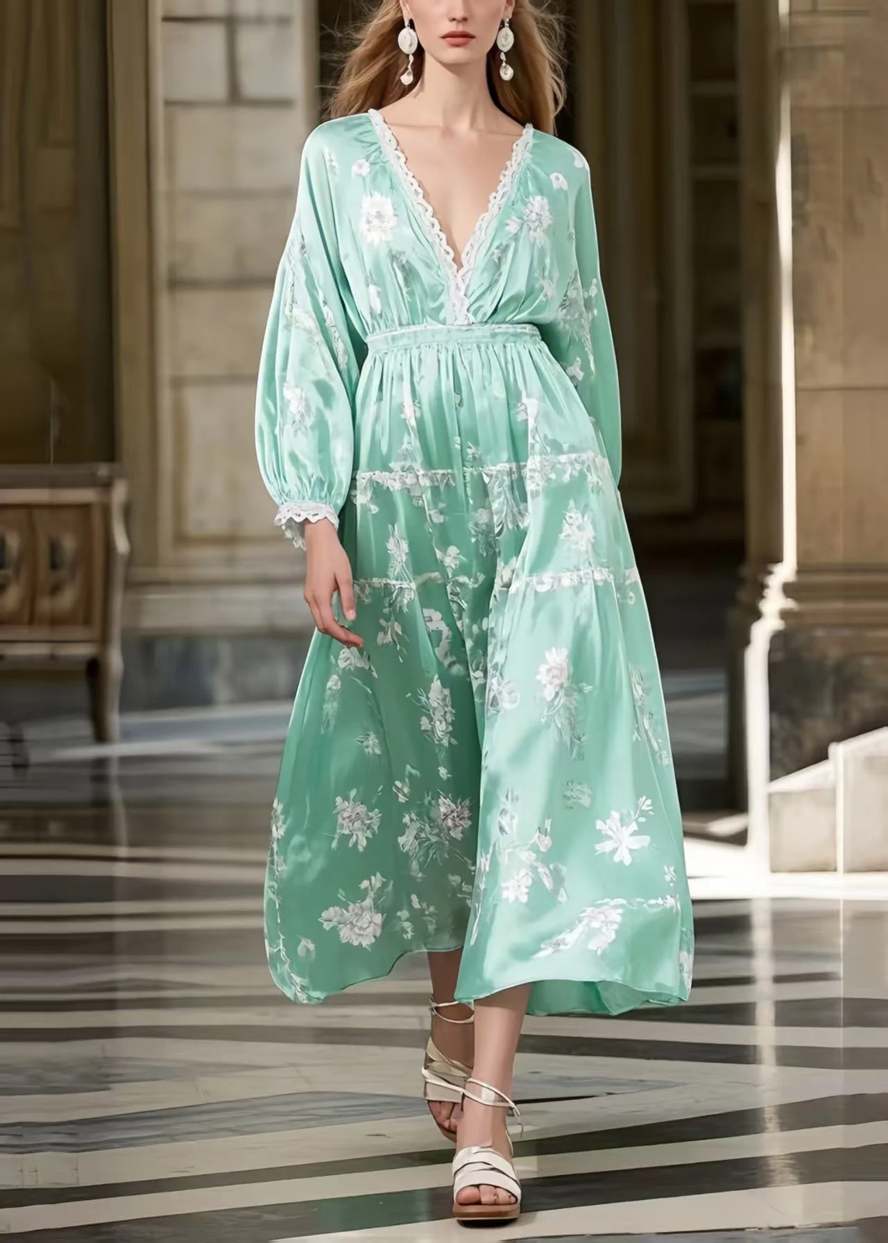 Lake Green Print Silk Long Dresses Deep-V Neck Spring - Image 5