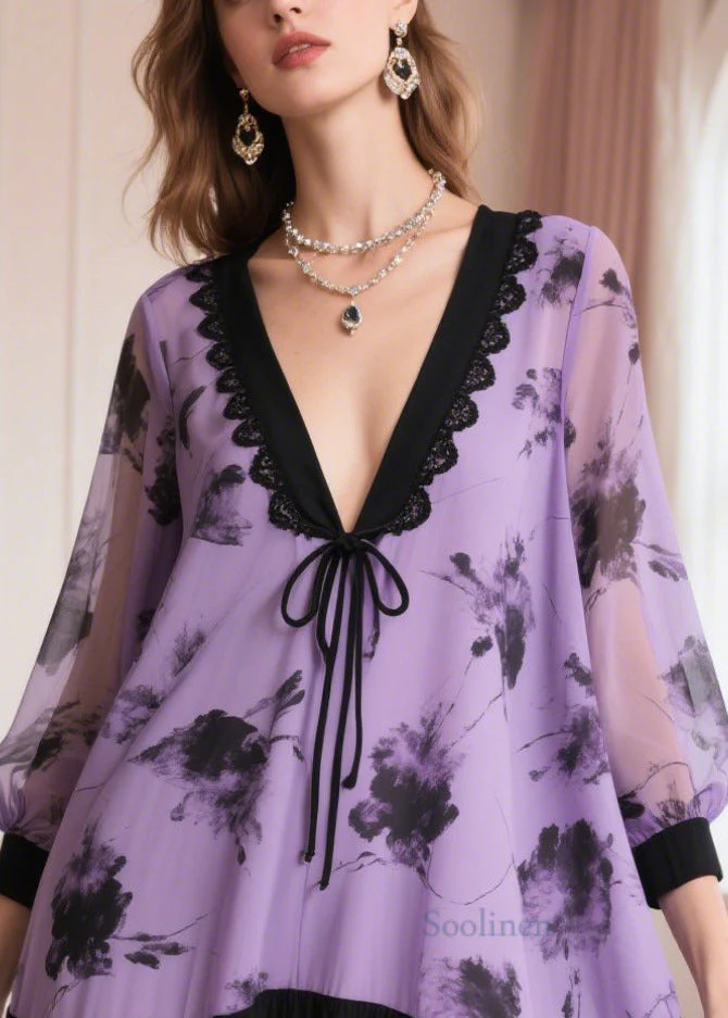 Lavender Patchwork Chiffon Dress Oversized Print Summer - Image 2