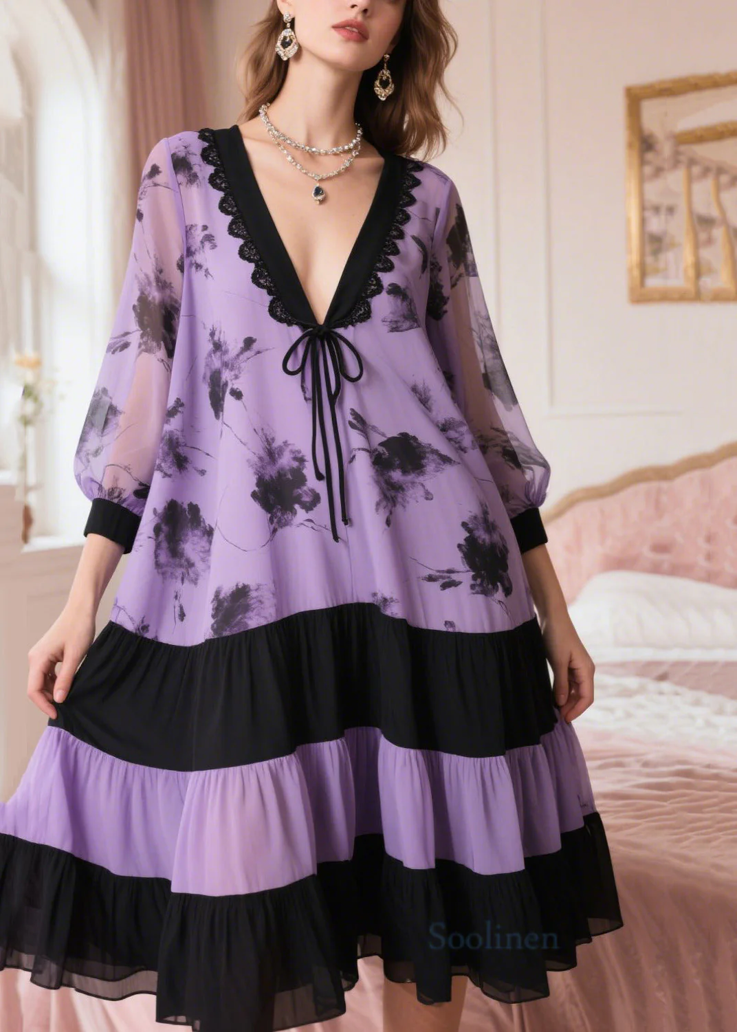 Lavender Patchwork Chiffon Dress Oversized Print Summer - Image 3