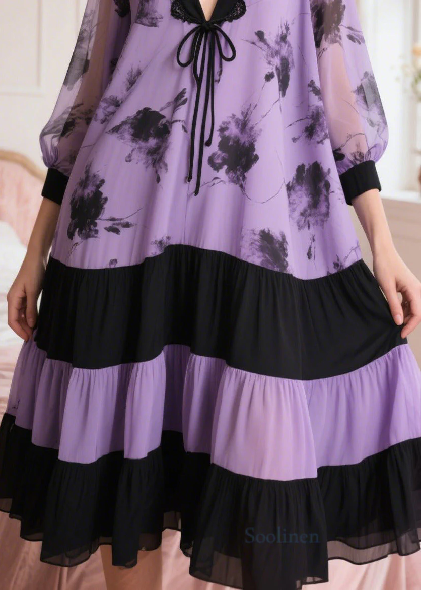 Lavender Patchwork Chiffon Dress Oversized Print Summer - Image 4