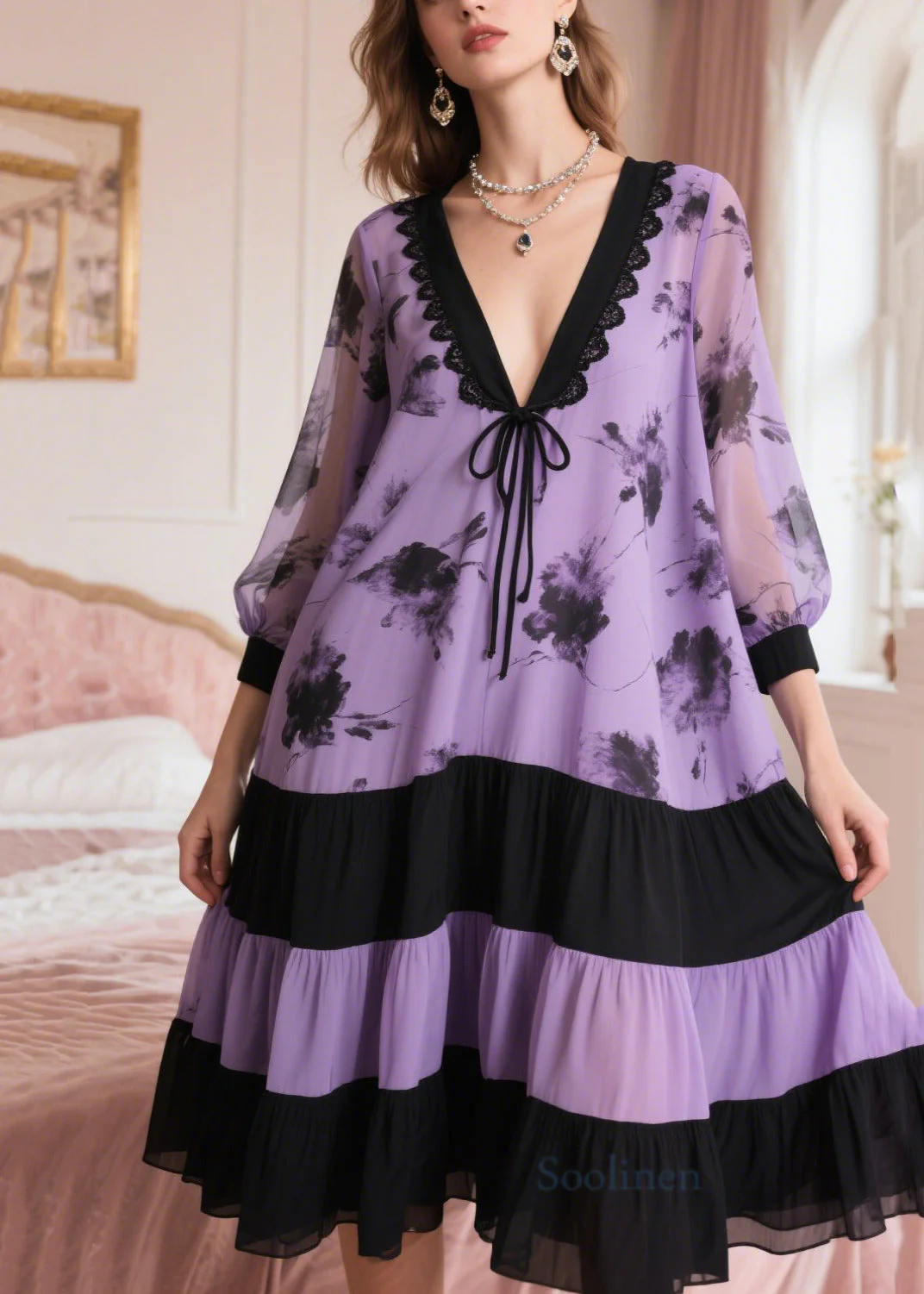 Lavender Patchwork Chiffon Dress Oversized Print Summer - Image 5