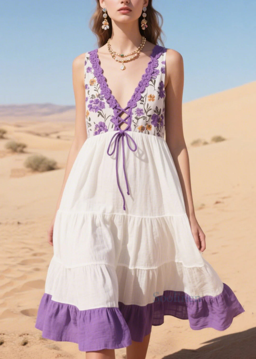 Lavender Patchwork Cotton Mid Dresses Cross Strap Summer - Image 5