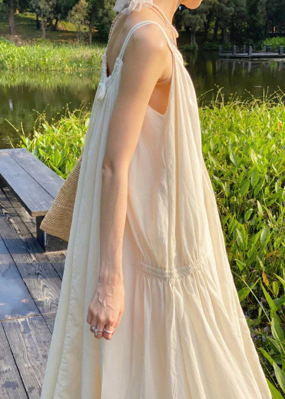 Leisure Apricot Wrinkled Spaghetti Strap Vacation Long Dress Sleeveless - Image 2