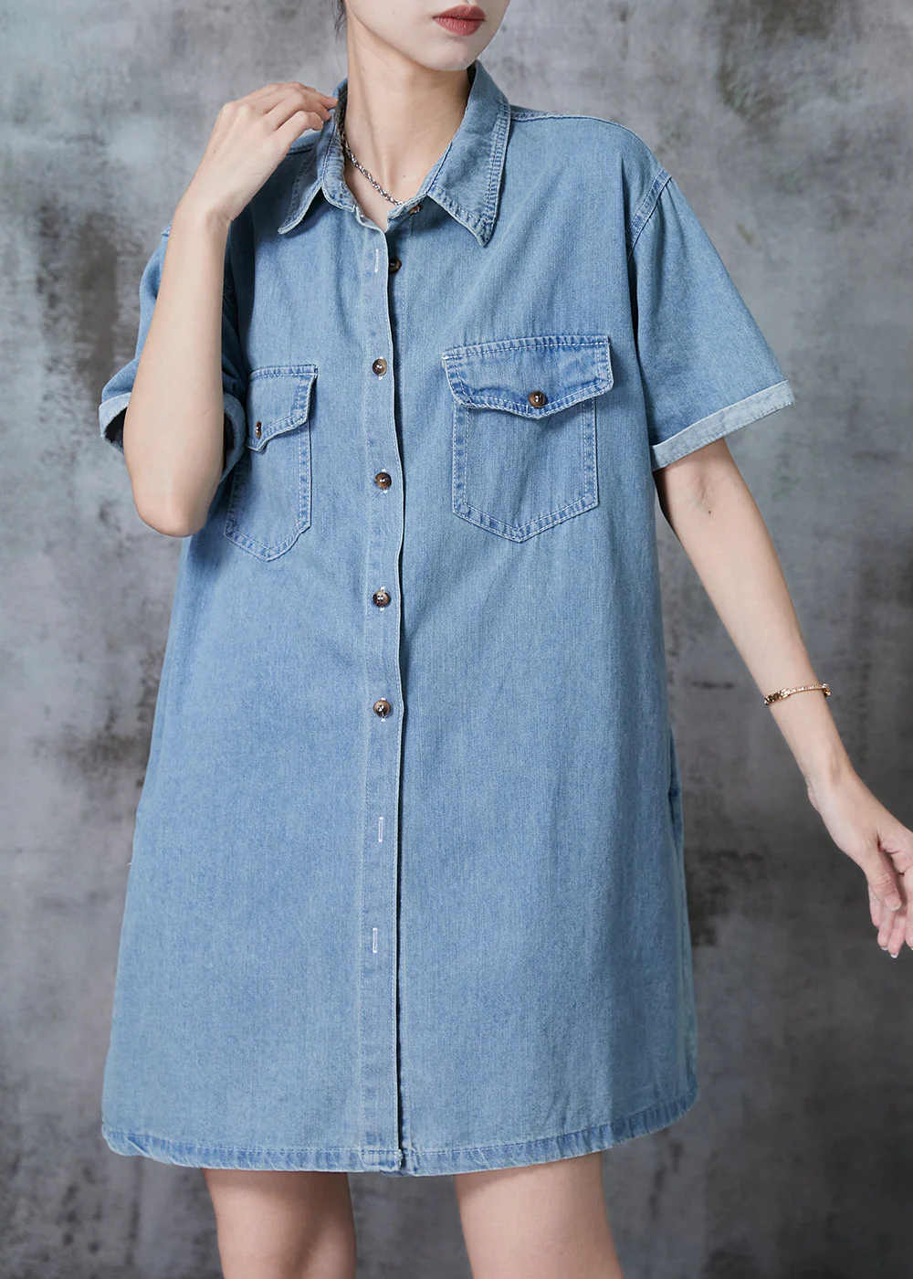 Light Blue Denim Day Dress Peter Pan Collar Pockets Summer - Image 2