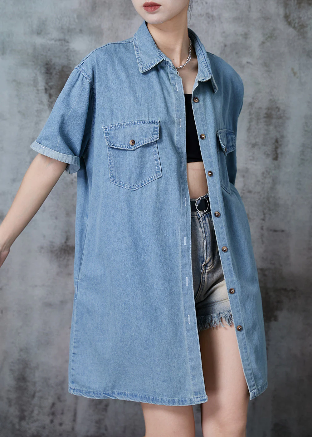 Light Blue Denim Day Dress Peter Pan Collar Pockets Summer - Image 3
