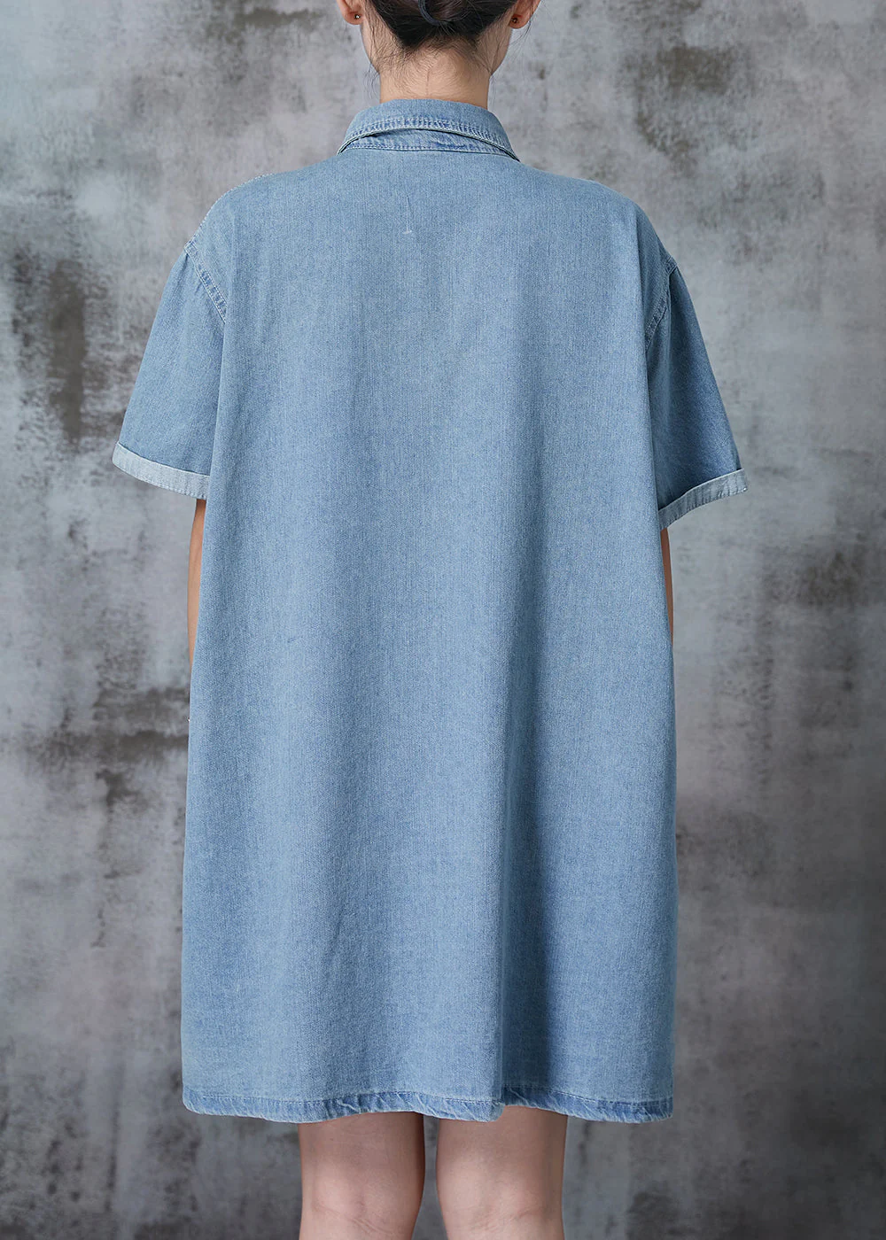 Light Blue Denim Day Dress Peter Pan Collar Pockets Summer - Image 4
