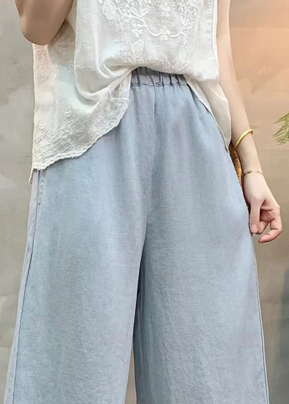 Light Blue Linen Wide Leg Pants Ruffled Summer - Image 3