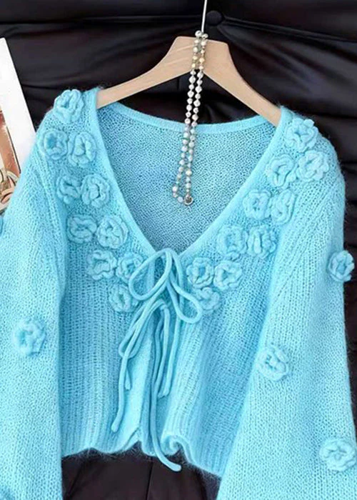 Light Blue Original Design Lace Up Solid Knit Cardigan Floral Fall - Image 2