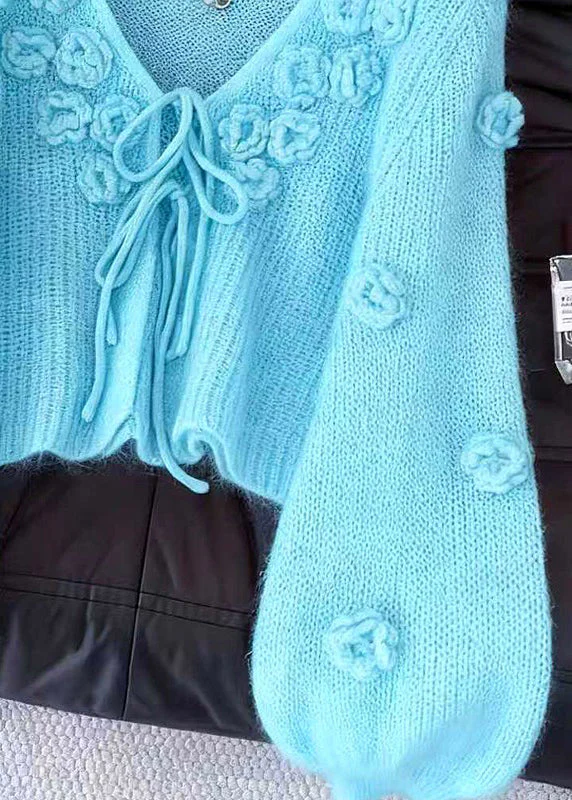 Light Blue Original Design Lace Up Solid Knit Cardigan Floral Fall - Image 3
