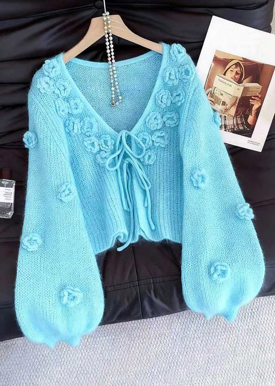 Light Blue Original Design Lace Up Solid Knit Cardigan Floral Fall - Image 4