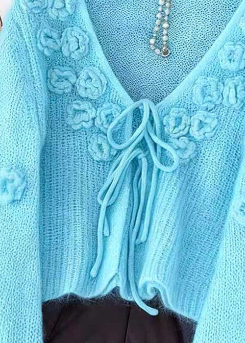 Light Blue Original Design Lace Up Solid Knit Cardigan Floral Fall - Image 5