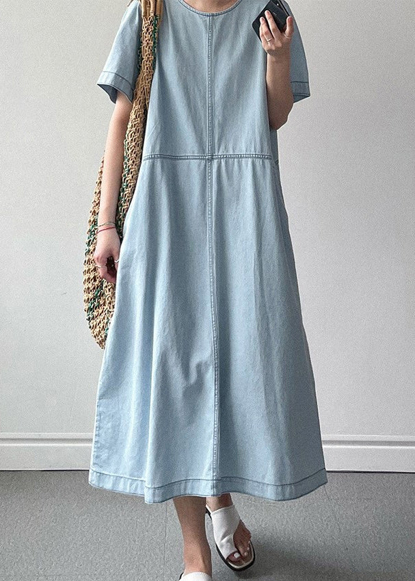 Light Blue Pockets High Waist Denim Long Dresses O Neck - Image 2