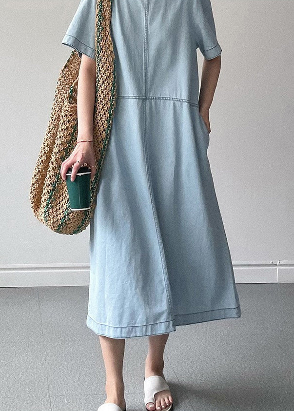 Light Blue Pockets High Waist Denim Long Dresses O Neck - Image 3