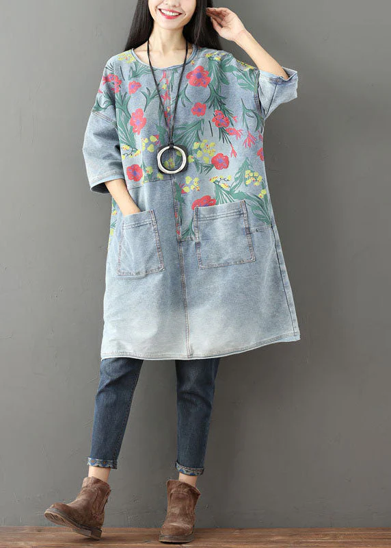 Light Blue Pockets Print Denim Mid Dress O Neck Summer - Image 2
