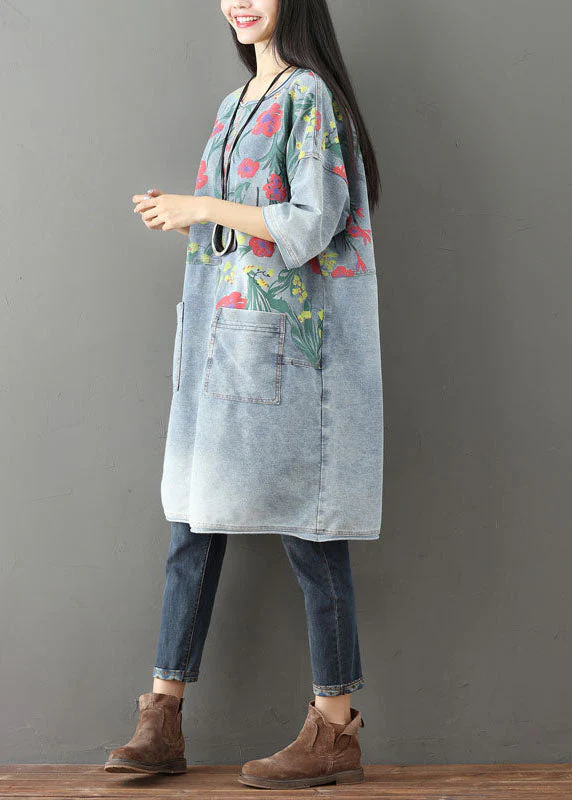 Light Blue Pockets Print Denim Mid Dress O Neck Summer - Image 3