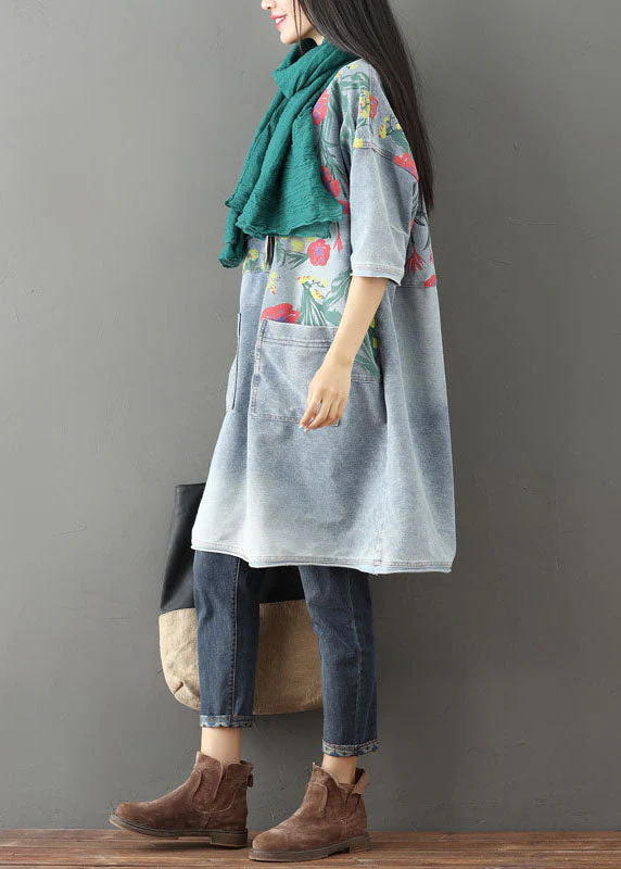 Light Blue Pockets Print Denim Mid Dress O Neck Summer - Image 4