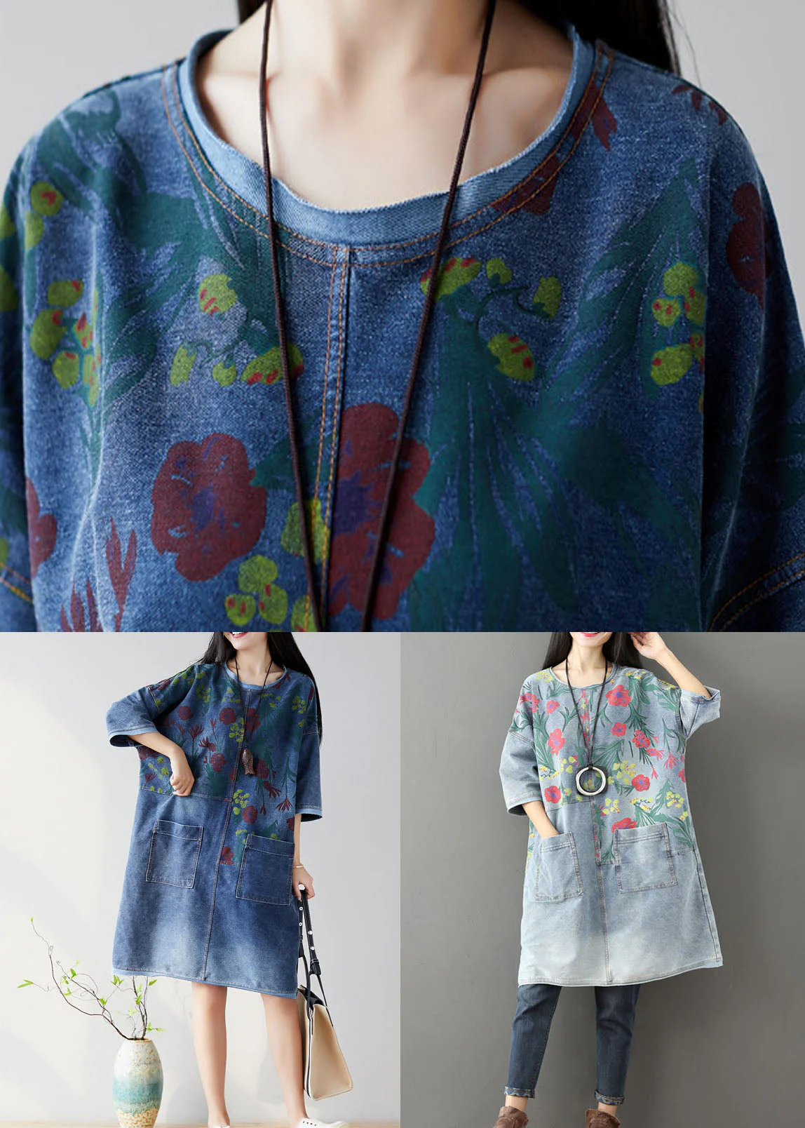 Light Blue Pockets Print Denim Mid Dress O Neck Summer - Image 5