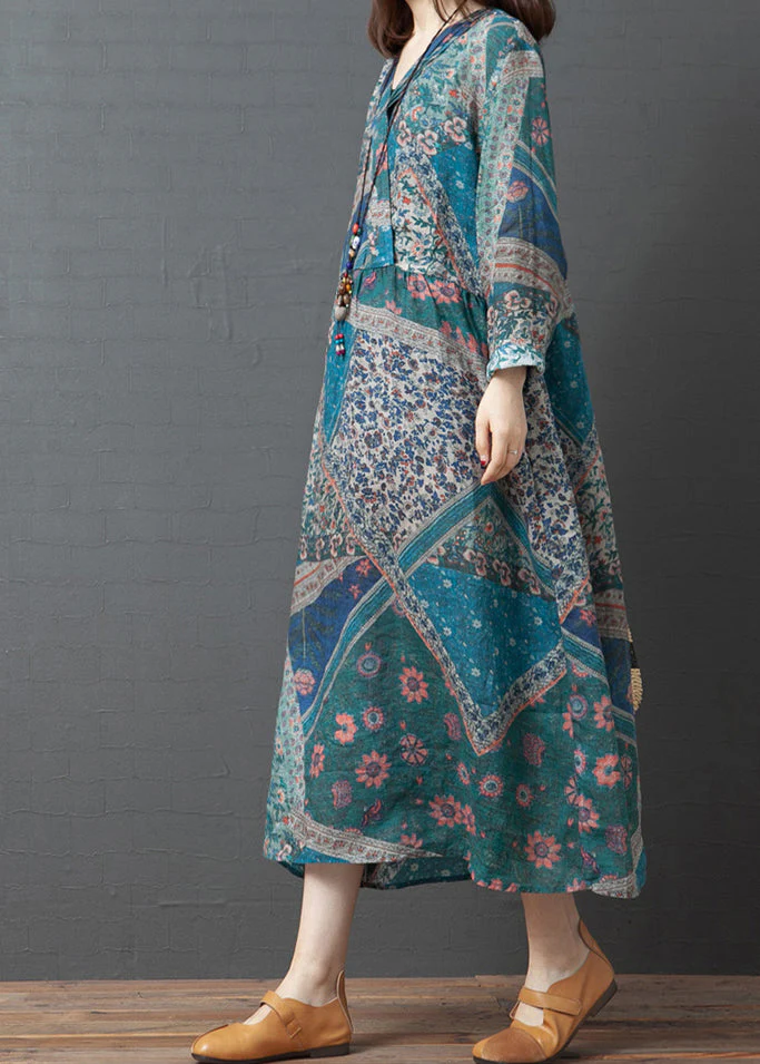 Light Blue Print Loose Linen Long Dress Cinched Long Sleeve - Image 3
