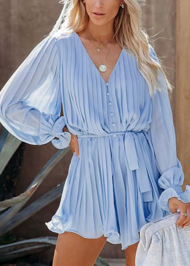 Light Blue Tie Waist Mid Dress Lantern Sleeve - Image 2