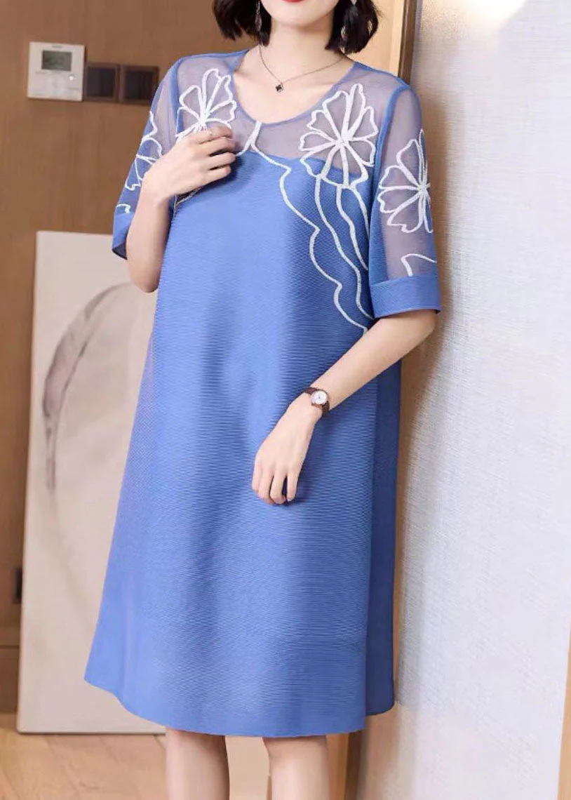 Light Blue Tulle Patchwork Silk Holiday Dress O-Neck Short Sleeve - Image 2