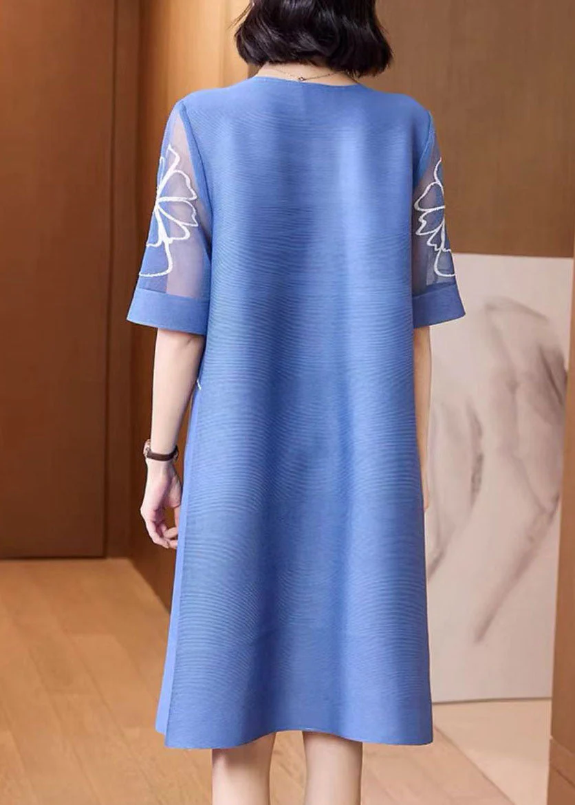 Light Blue Tulle Patchwork Silk Holiday Dress O-Neck Short Sleeve - Image 4