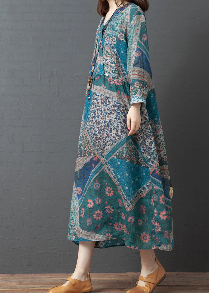 Light Blue V Neck Linen Maxi Dresses Long Sleeve - Image 3