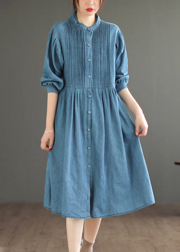 Light Blue Wrinkled Patchwork Denim O-Neck Dress Long Sleeve - Image 2