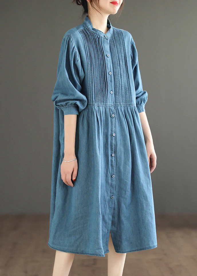 Light Blue Wrinkled Patchwork Denim O-Neck Dress Long Sleeve - Image 3