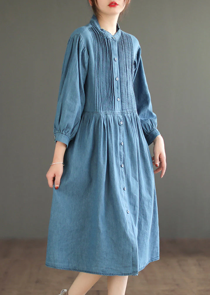 Light Blue Wrinkled Patchwork Denim O-Neck Dress Long Sleeve - Image 4