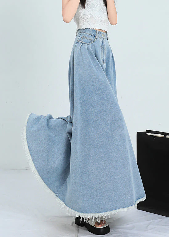 Light Blue Wrinkled Pockets Denim Skirt High Waist - Image 3