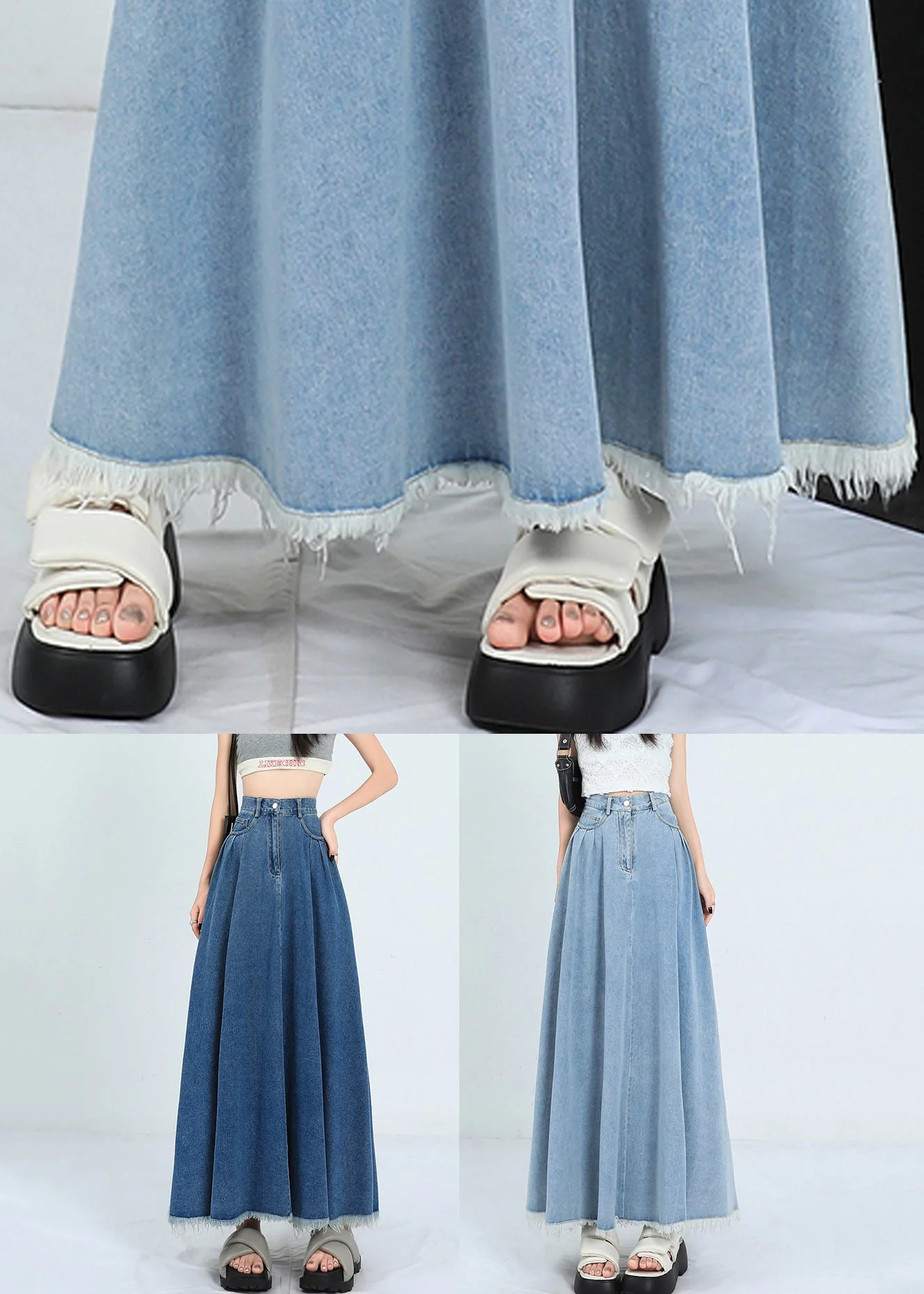 Light Blue Wrinkled Pockets Denim Skirt High Waist - Image 5