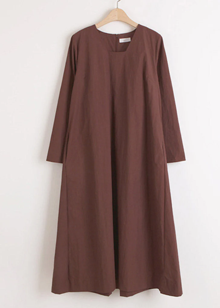 Light Brown Square Collar Linen Maxi Dress Long Sleeve - Image 4