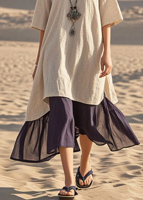 Light Camel Patchwork Cotton Vacation Dresses Oversized Summer - Image 4