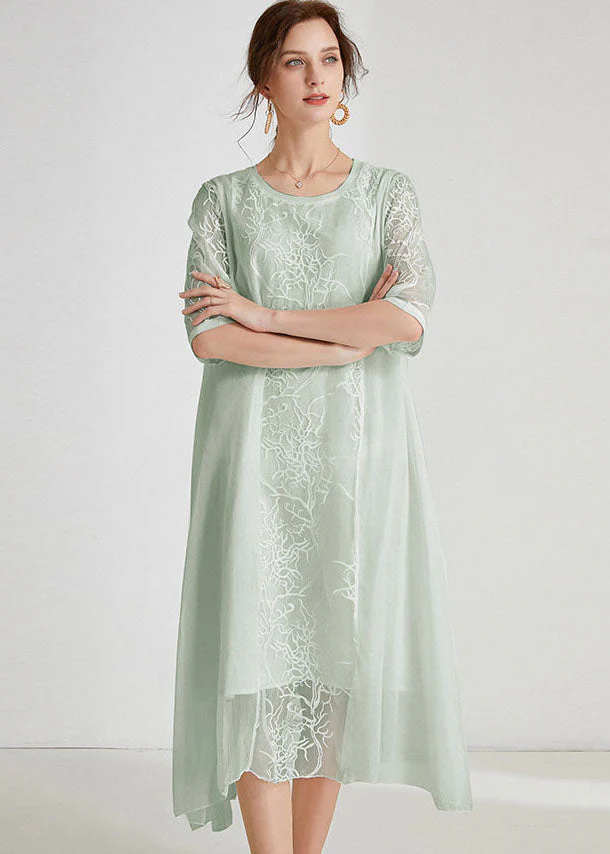 Light Green asymmetrical design Chiffon Dress Embroideried Half Sleeve - Image 3