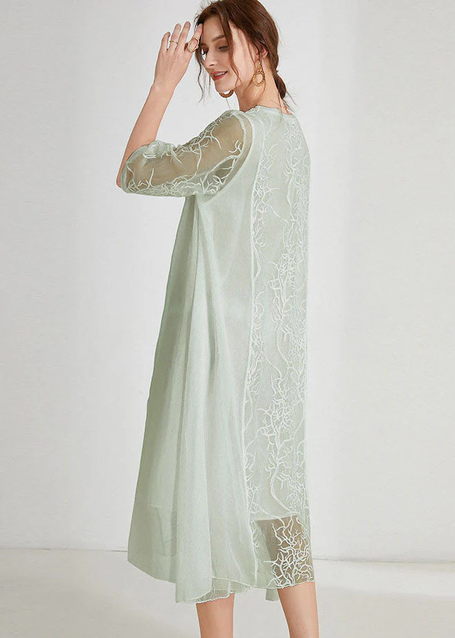 Light Green asymmetrical design Chiffon Dress Embroideried Half Sleeve - Image 4