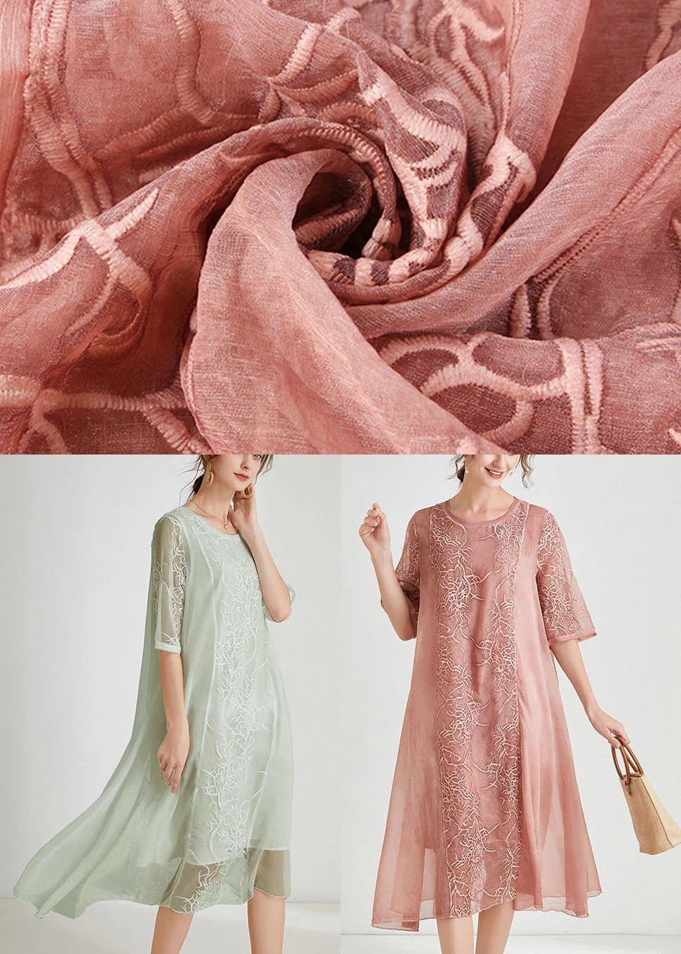 Light Green asymmetrical design Chiffon Dress Embroideried Half Sleeve - Image 5