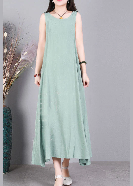 Light Green Jacquard Linen Vacation Strap Dress O-Neck Sleeveless - Image 2