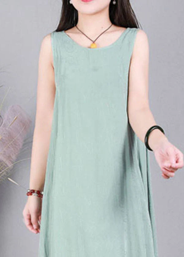 Light Green Jacquard Linen Vacation Strap Dress O-Neck Sleeveless - Image 3