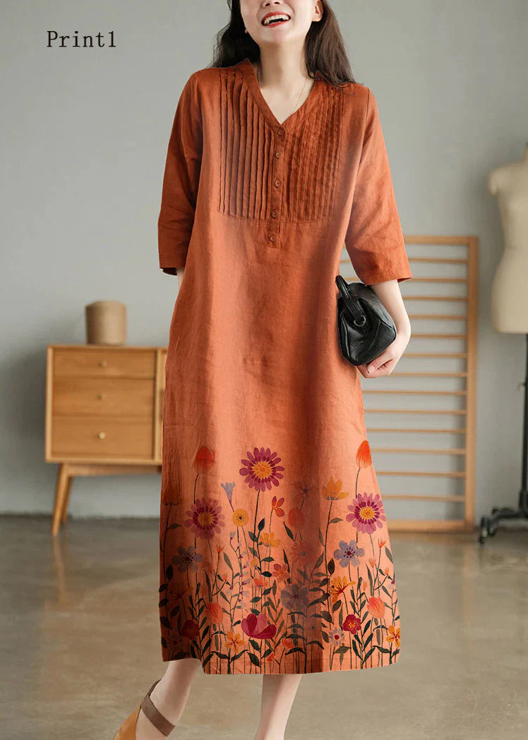 Light Green Loose Linen Long Dresses Button Solid Half Sleeve - Image 12