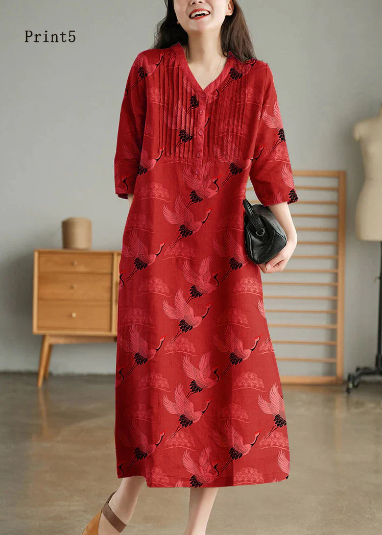 Light Green Loose Linen Long Dresses Button Solid Half Sleeve - Image 16