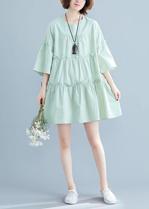 Light Green O-Neck Ruffles Summer Cotton Vacation Dresses - Image 2
