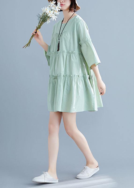 Light Green O-Neck Ruffles Summer Cotton Vacation Dresses - Image 3