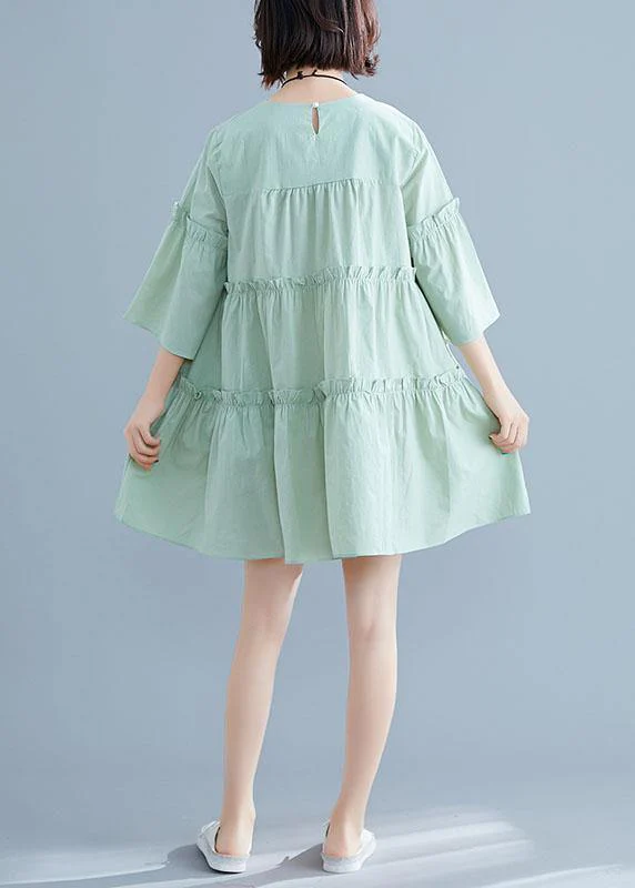 Light Green O-Neck Ruffles Summer Cotton Vacation Dresses - Image 4